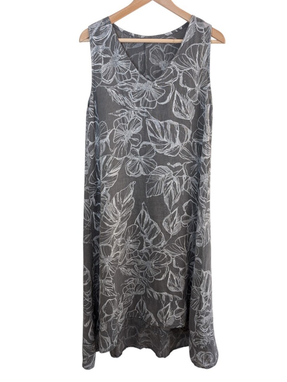 Rosemarine Italian Linen Sleeveless Gray Botanical Midi Dress Small